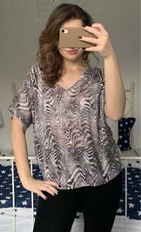 Brązowa bluzka t-shirt z dekoltem V oversize animal print zebra 46 3XL