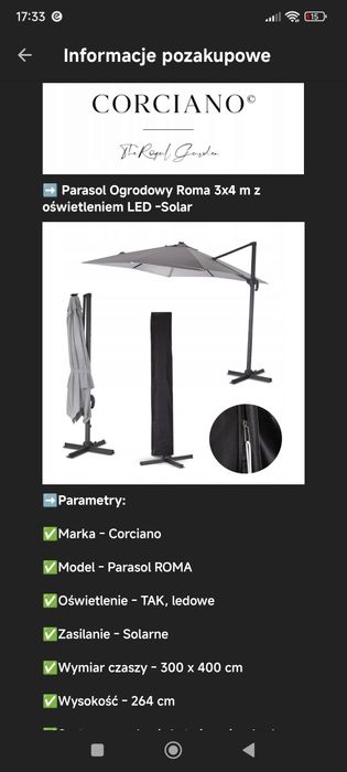 Parasol ogrodowy z LED szary