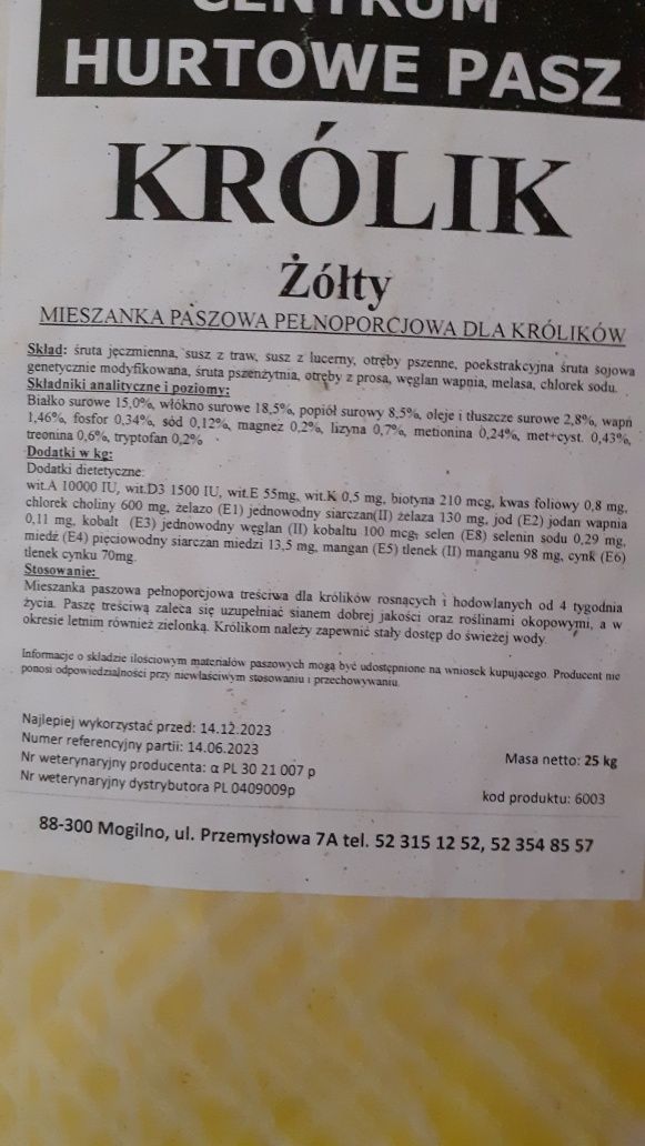 Pasza pełnoporcjowa dla królików królik 25kg