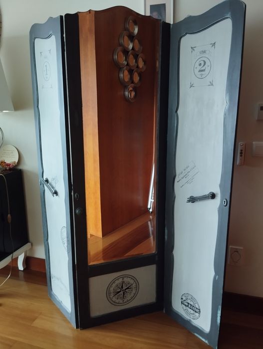 Biombo Vintage em Madeira Cinzento com Espelho Grande