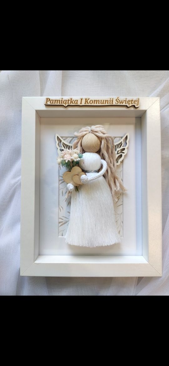 Aniołek biały z makramy  Pamiątka Komunii Świętej bądź Chrztu,Anioł