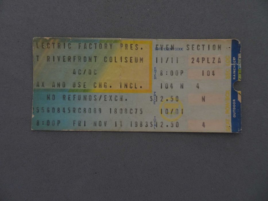 Bilhete antigo concerto AC/DC 1983