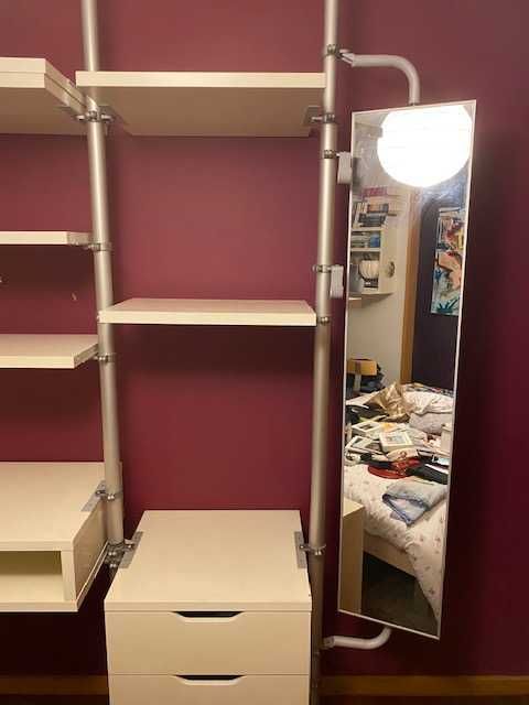 estanteria, secretária, espelho,