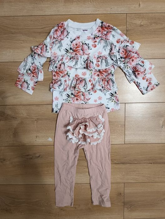 Komplet bluza + spodnie kwiaty falbanki koronka