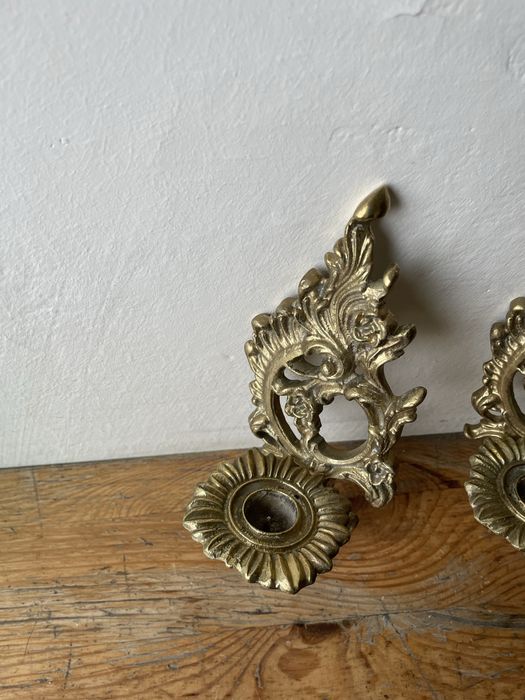 Ścienne świeczniki mosiężne vintage PRL antyk mosiądz komplet