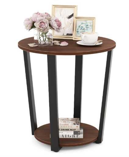 COSTWAY okrągły stolik kawowy 50 cm, 2 półki, brąz, industrialny