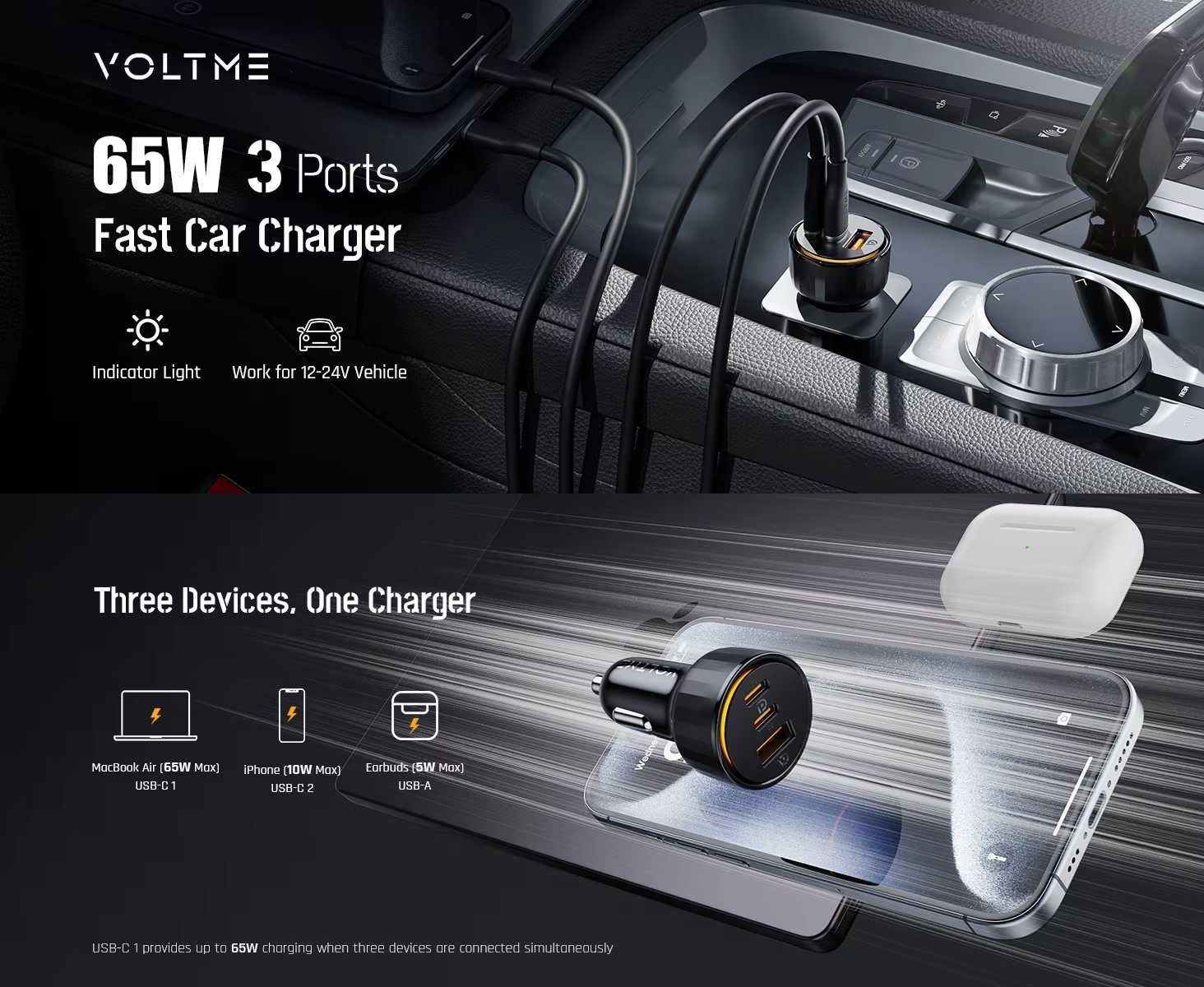 Автомобільні зарядні пристрої VOLTME 65W 2C1A / ASOMETECH 138W 2C1A