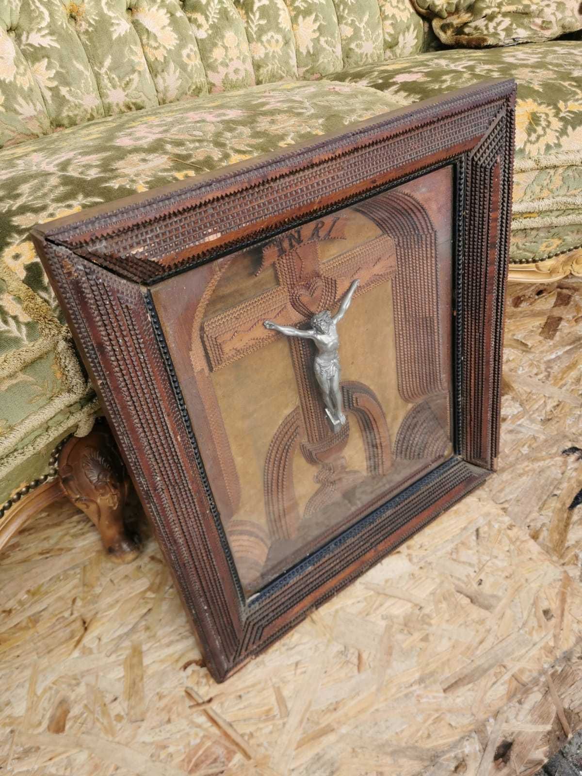 Obraz drewniany tłoczony rzeżbiony rzeżba Jezus figurka drewno Antyk