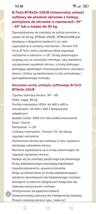Uniwersalny uchwyt do telewizorów/ekranów z funkcją pochylania BT 842