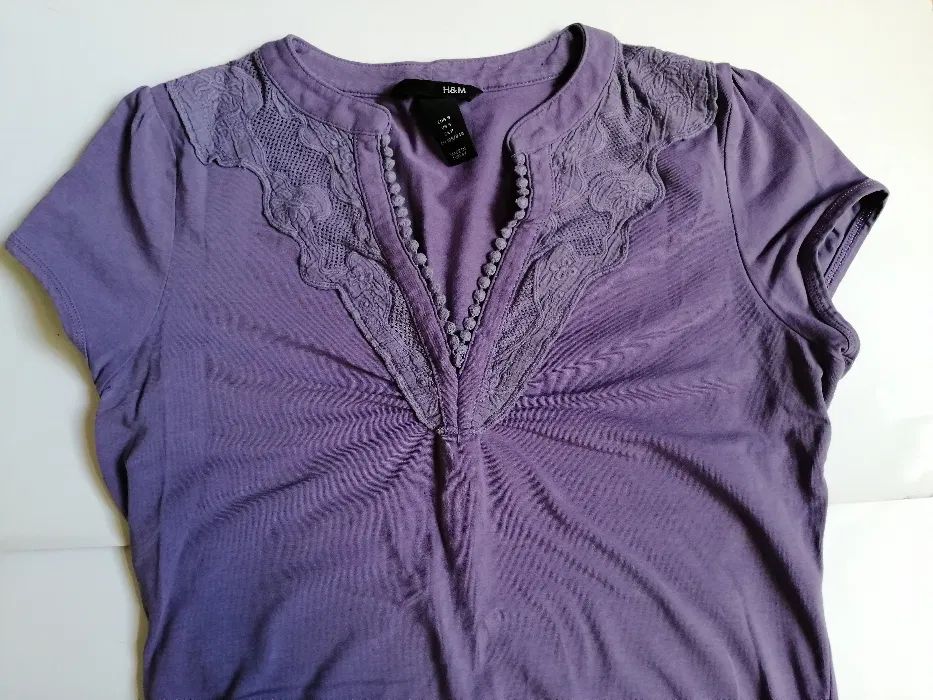 H&M fioletowa bluzka koszulka z haftem S