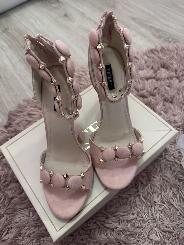 Buty szpilki na obcasie sandałki róż pudrowy zloto