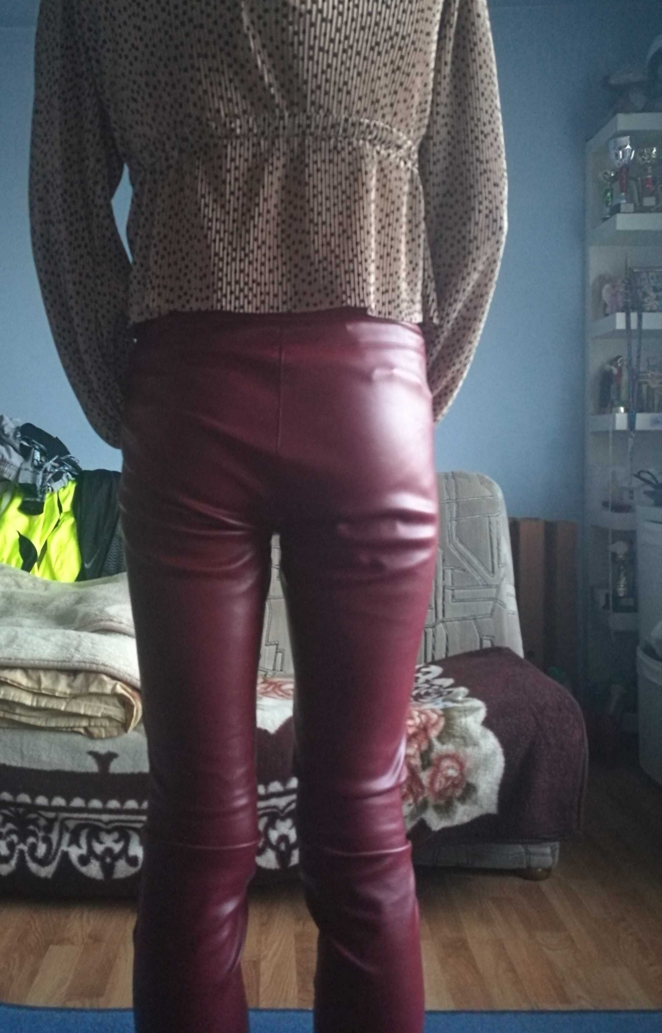 Spodnie skórzane skóra burgundowe obcisłe dopasowane sexi sexy
