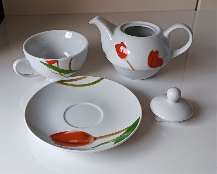 Zestaw do herbaty 2w1 biała porcelana dzbanek filiżanka spodek wieczko
