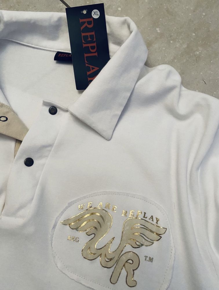 Replay nowa extra koszulka męska T- shirt polo XL biała, złote logo
