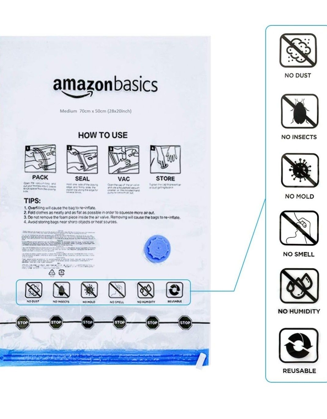 Amazon Basics Worki próżniowe do ubrań z hermetycznym zaworem i pompką