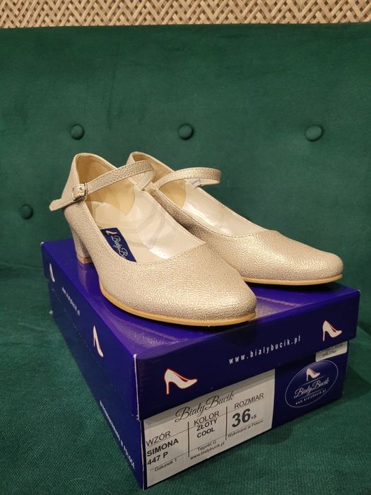 Złote Buty ślubne na obcasie 4,5cm Biały Bucik rozmiar 36