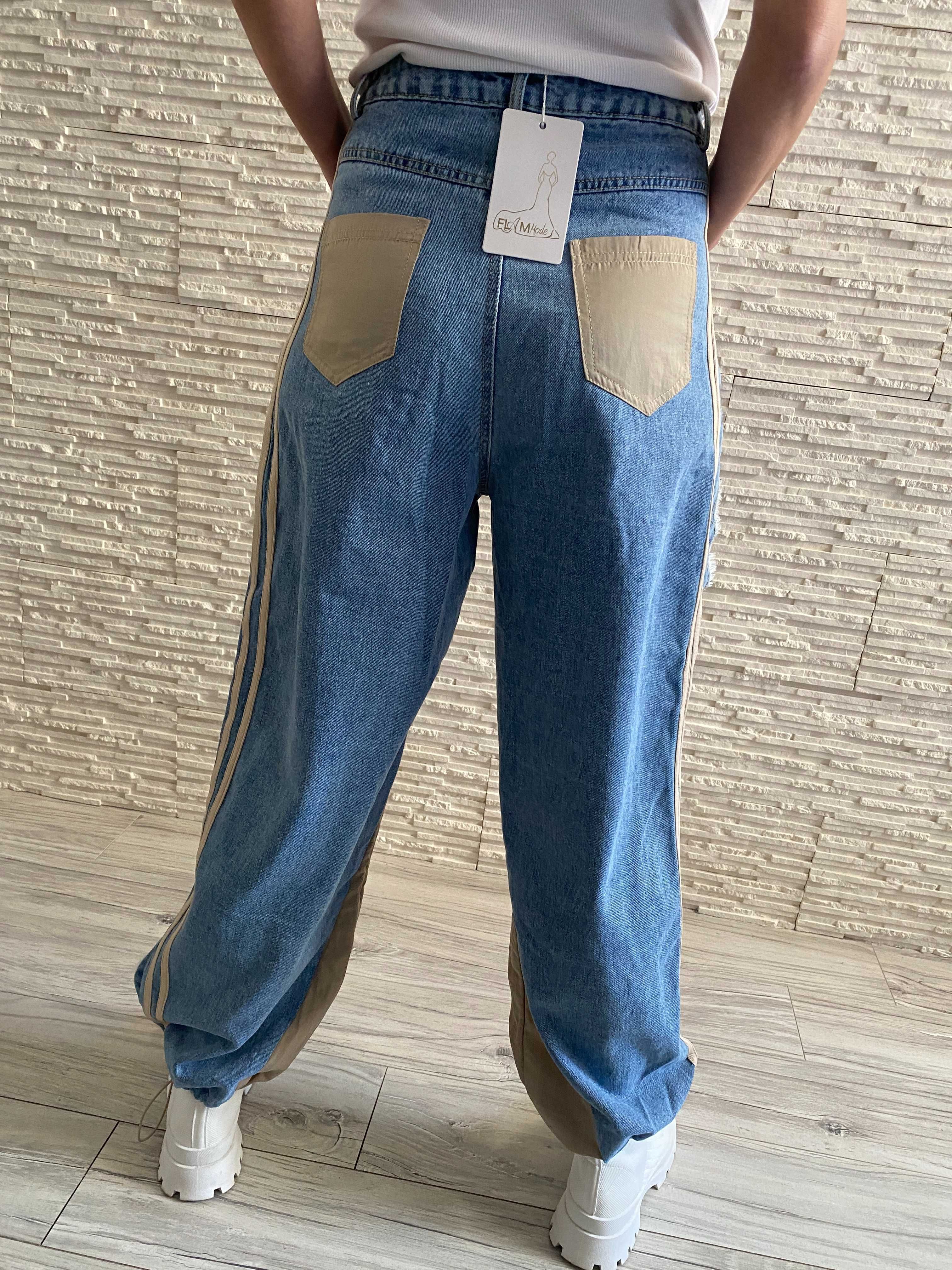 Flam Moda nowe spodnie pumpy - prosta nogawka z paskami jeans