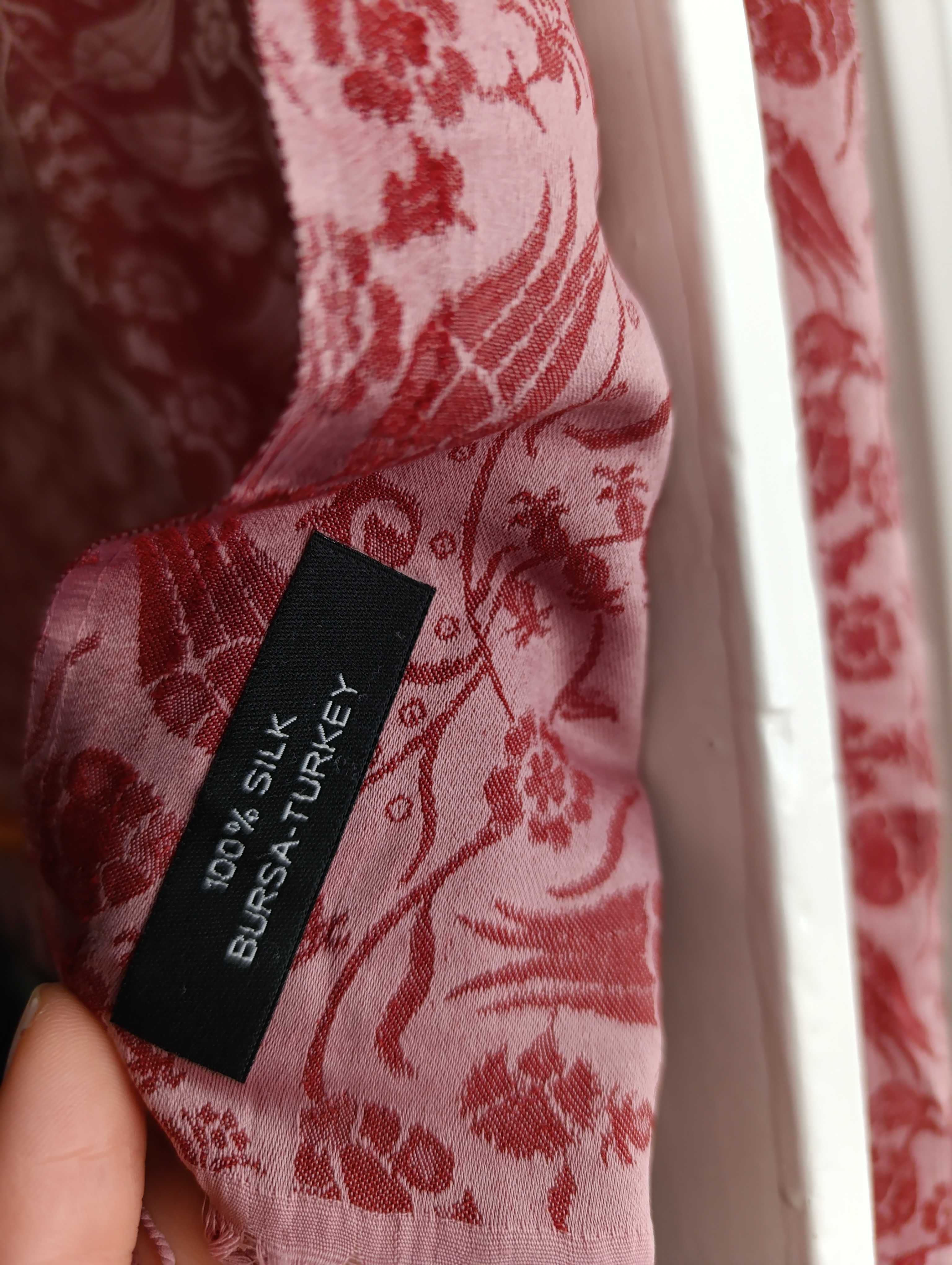 Dwustronny szal jedwabny jedwab silk Bursa Turkey różowy pudrowy róż