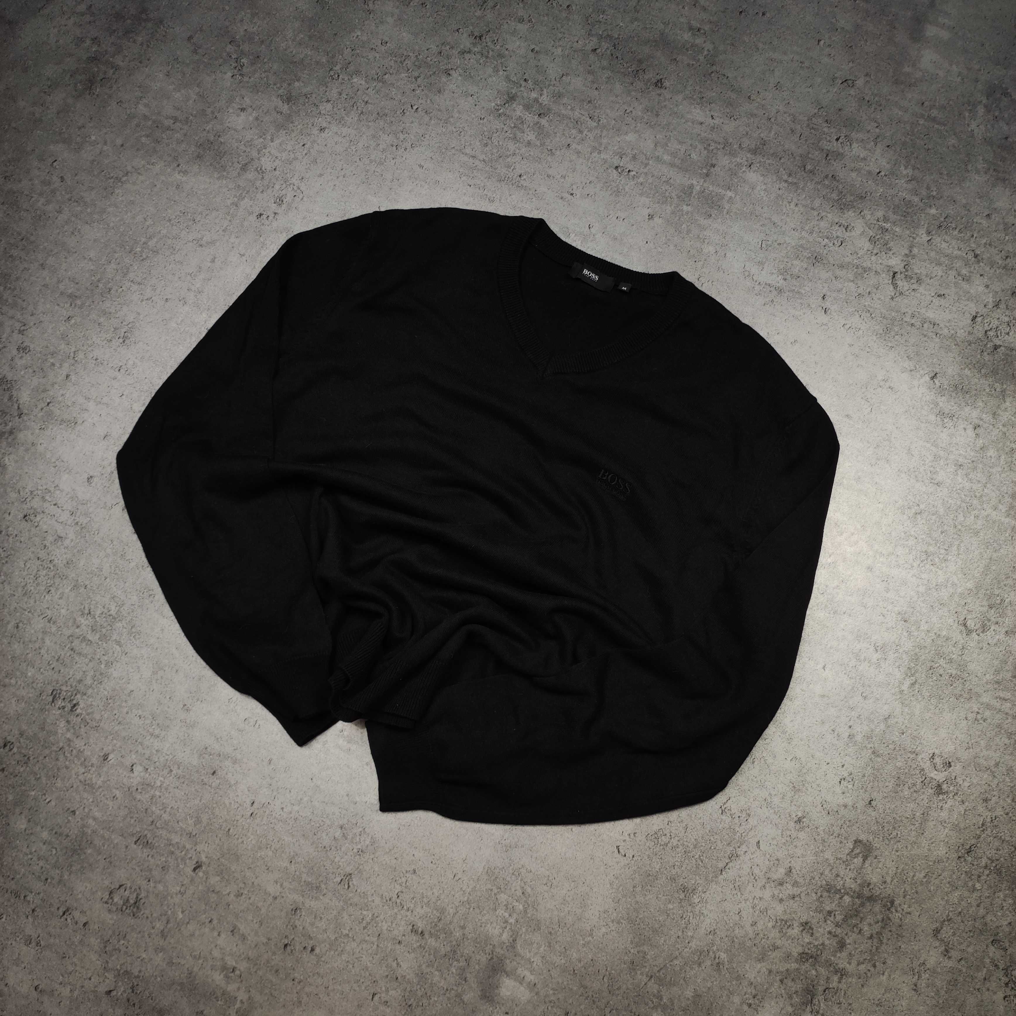 MĘSKI Elegancki Premium Sweter Czarny Kołnierzyk V Hugo Boss Haft Logo