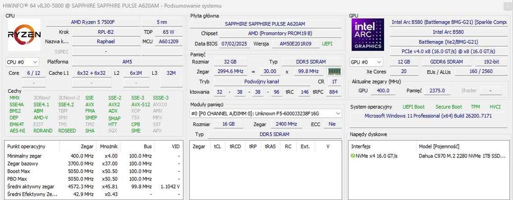 Wydajny komputer z Ryzen 5 7500F + Intel Arc B580 + 32 GB DDR5