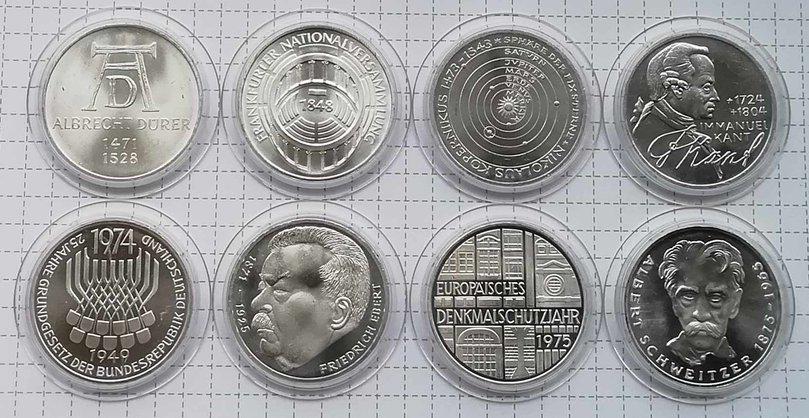 5 Марок Німеччини 1971, 73, 74, 75р. Срібло. Одним лотом 8 монет!