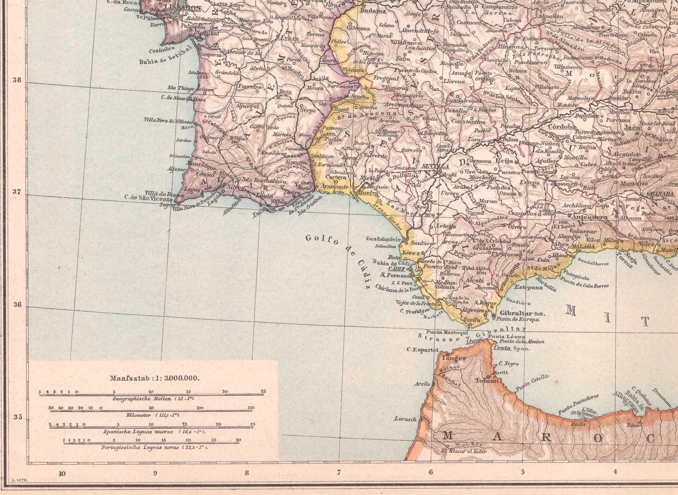Hiszpania Portugalia efektowna mapa 1879 r. Autentyk