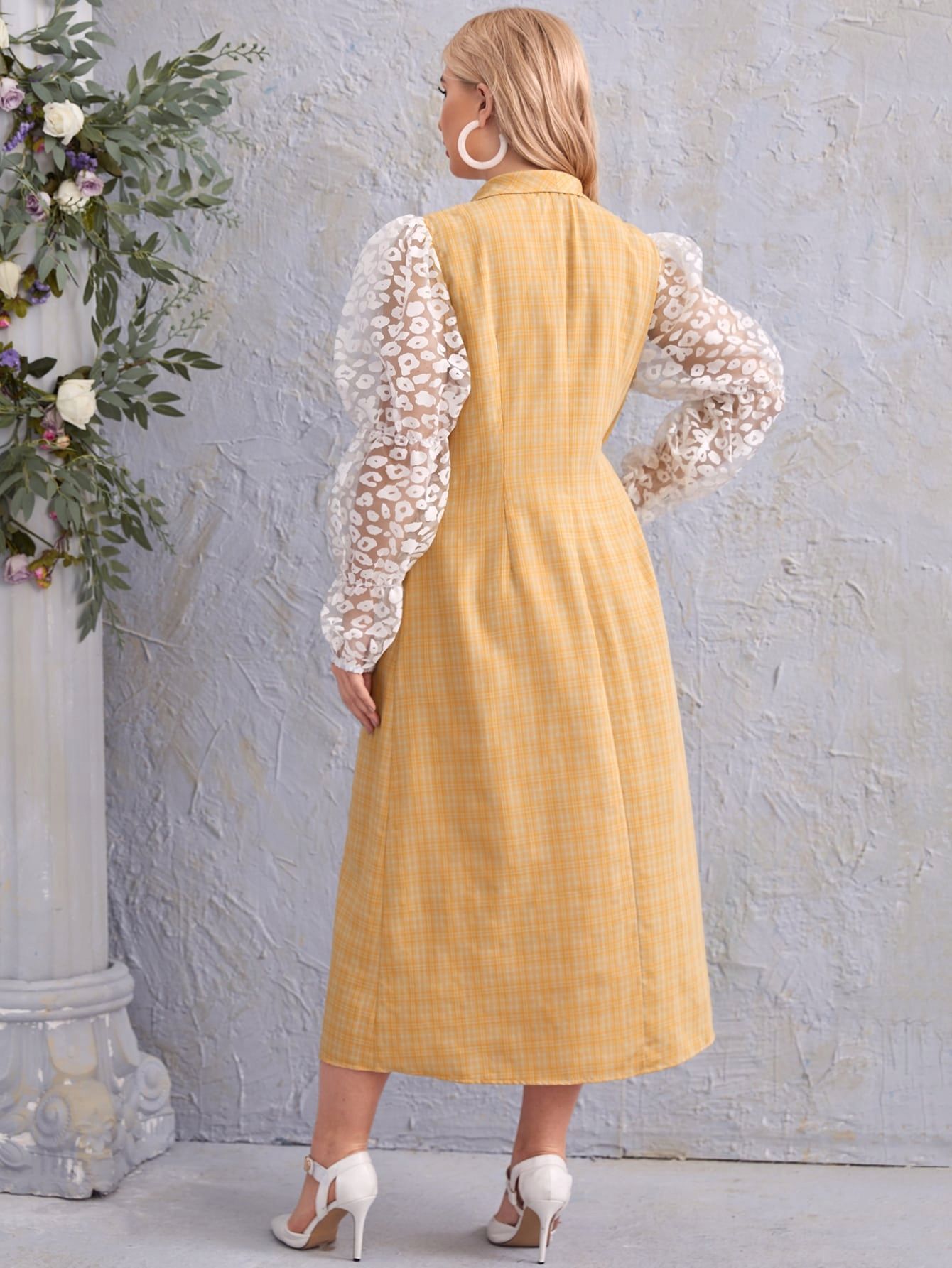 Sukienka Marynarkowa Maxi W Kratkę Z Siateczkowymi Rękawami Shein 4Xl