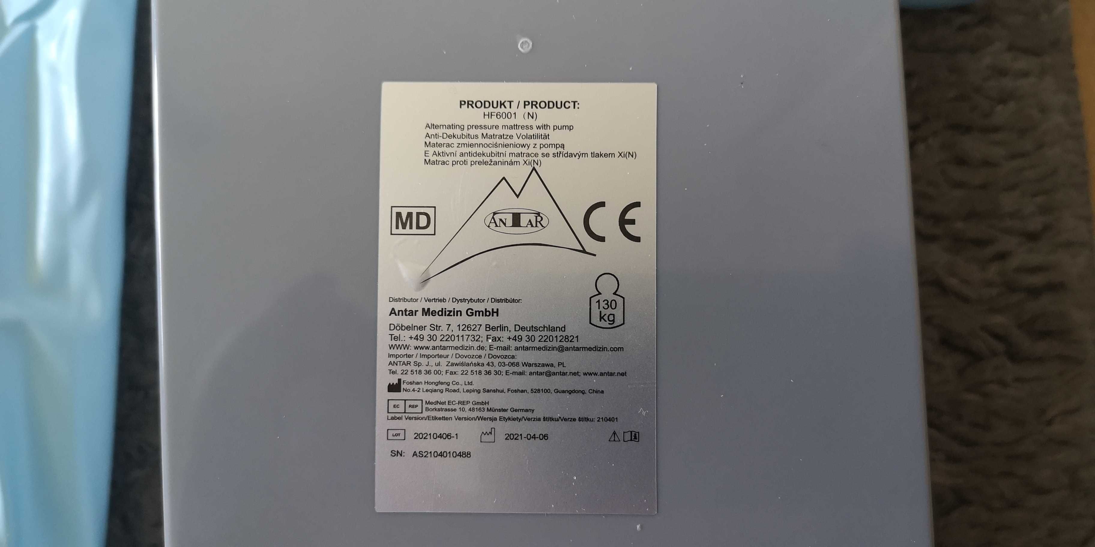 Materac przeciwodleżynowy z pomką firmy Antar do 130 kg.