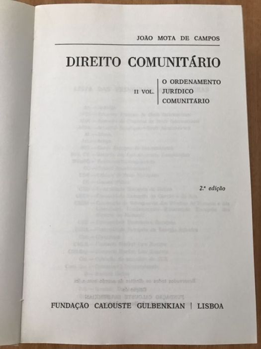 Livros Direito Comunitário vol 1 e 2, de João Mota de Campos