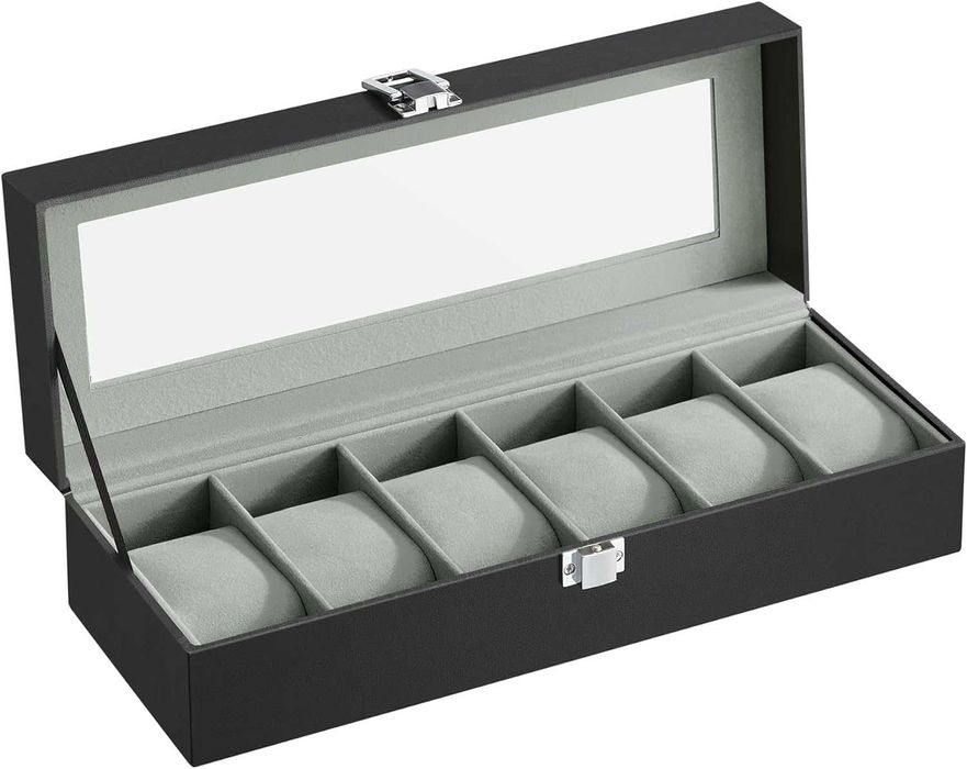 Etui na zegarki SONGMICS 6 przegródek czarne szkło metalowy zamek
