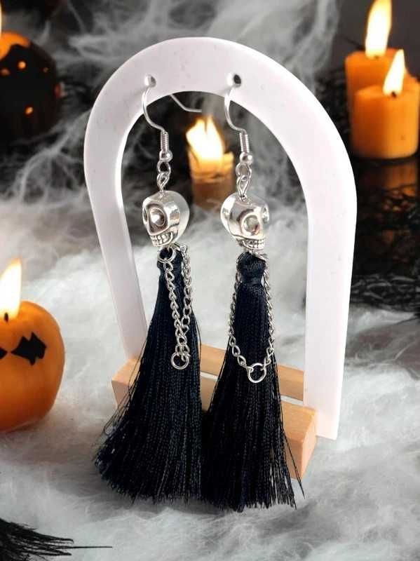 Kolczyki damskie na halloween długie wiszące czarne czaszki