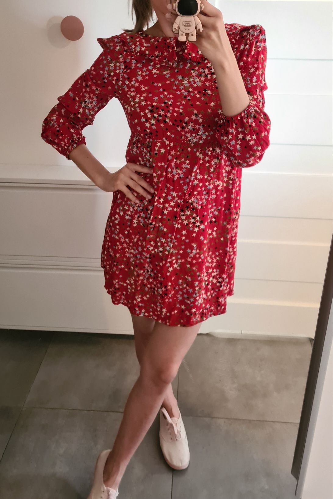 M&S XS 34 piękna czerwona sukienka babydoll z kołnierzem