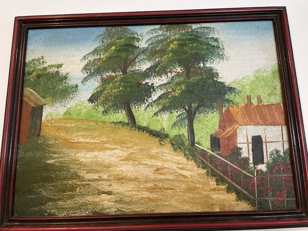 Quadro com aguarela de paisagem do campo