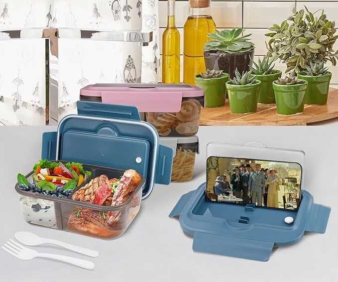 Duży Lunch Box 1,4l Śniadaniówka Pojemnik Na Lunch Sztućce 3 Przegrody