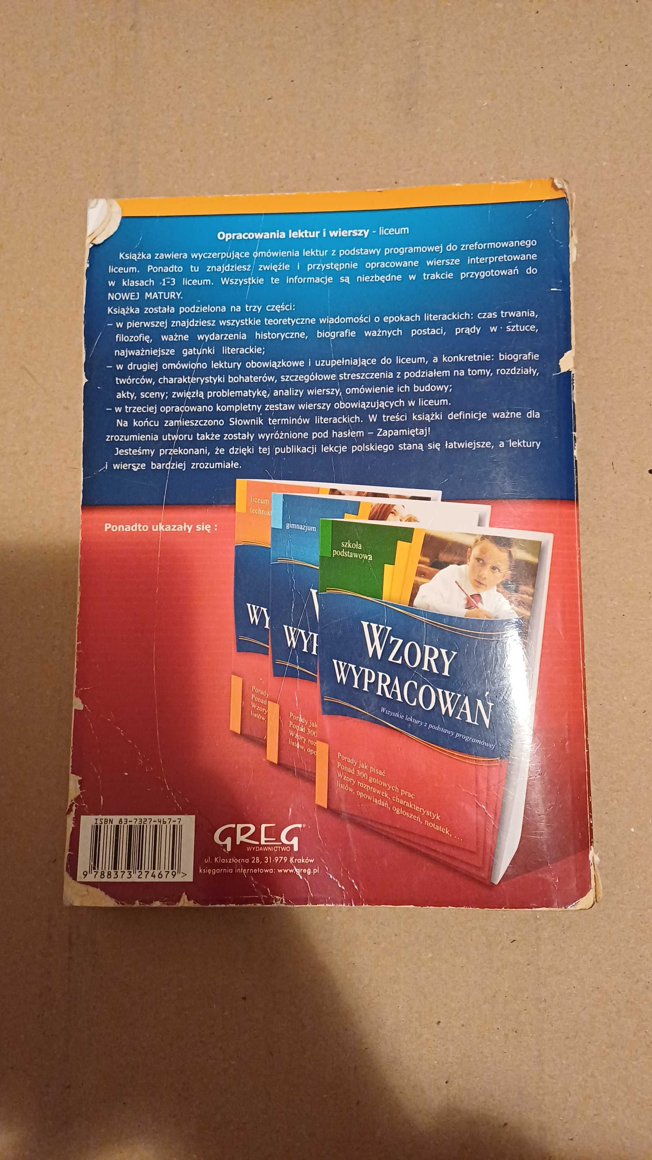 książka - Opracowanie lektur i wierszy -liceum -Greg