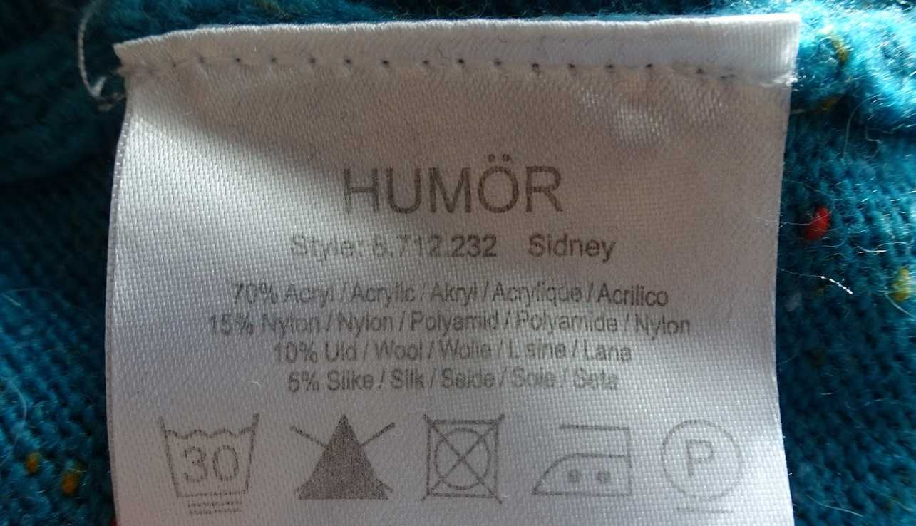 Piękny wełniany sweter kardigan turkusowy wełna jedwab Humor unikat