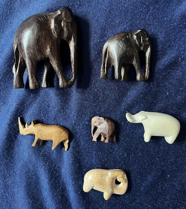 Słoniki i Zwierzęta Rzeźbione. Drewno Kamień Zestaw Rękodzieło