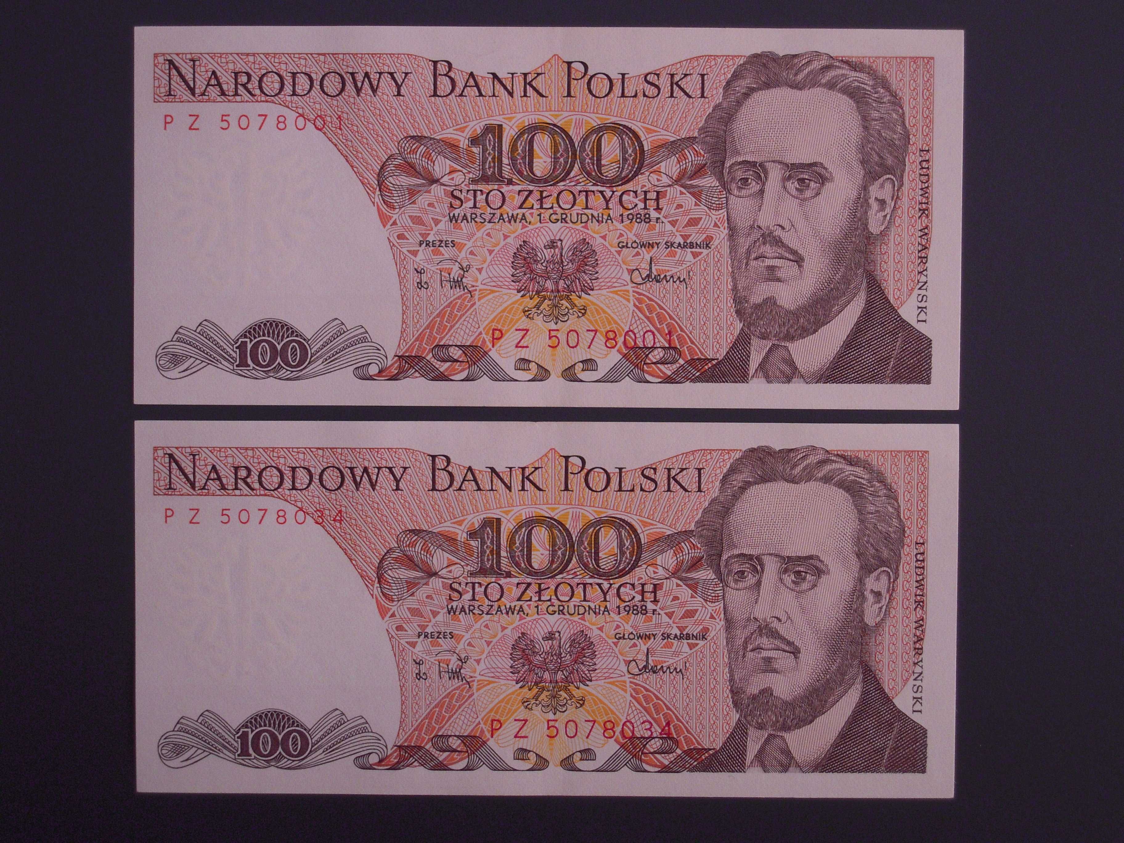 Banknoty PRL 100 zł - Ludwik Waryński - seria PZ z 1 grudnia 1988 r.