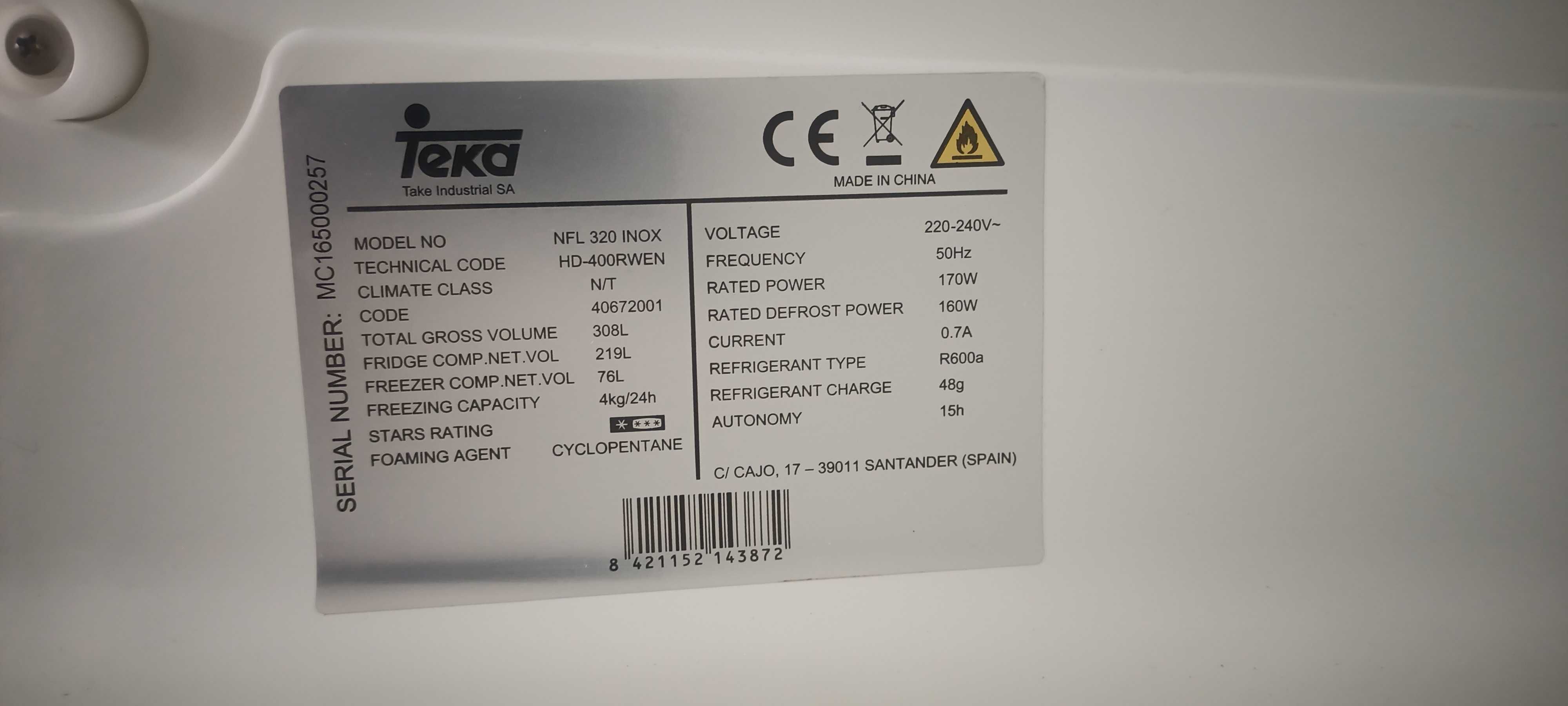 Frigorífico combinado TEKA NFL 320 INOX