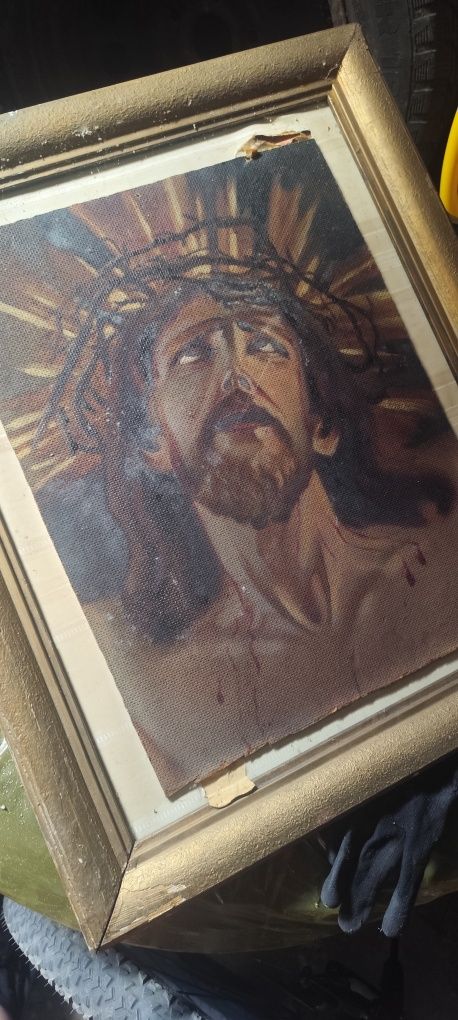 Obraz Jezus XIXw olej na desce