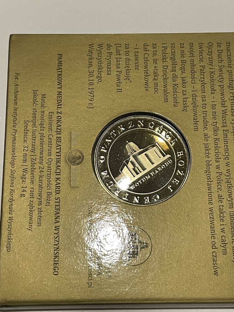 Moneta pozłacana 24 karaty wyszynski