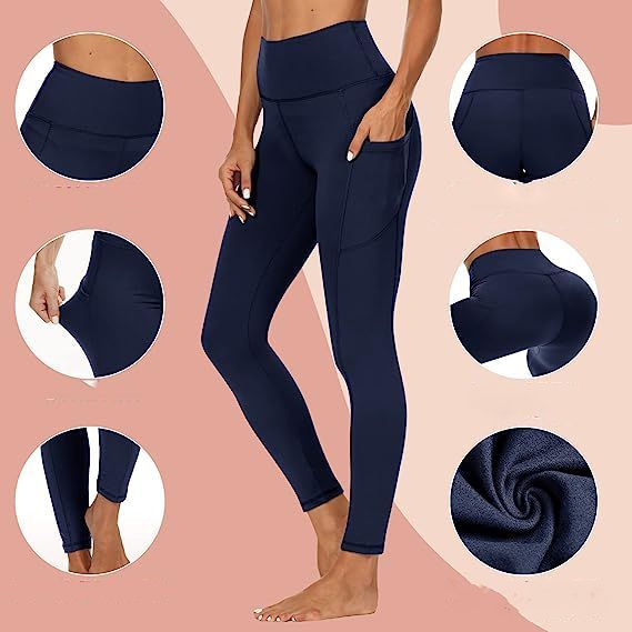 Legginsy sportowe damskie z wysokim stanem kieszeniami Granatowe (L)
