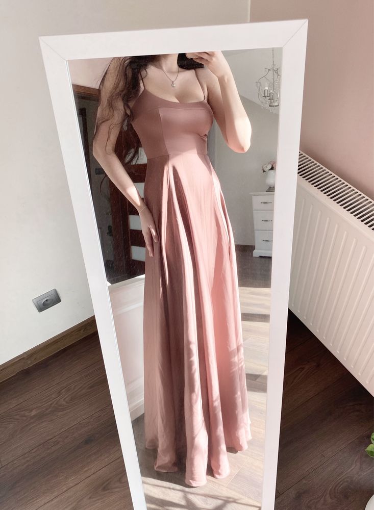 Różowa satynowa sukienka suknia maxi gorsetowa Asos Design 36 S