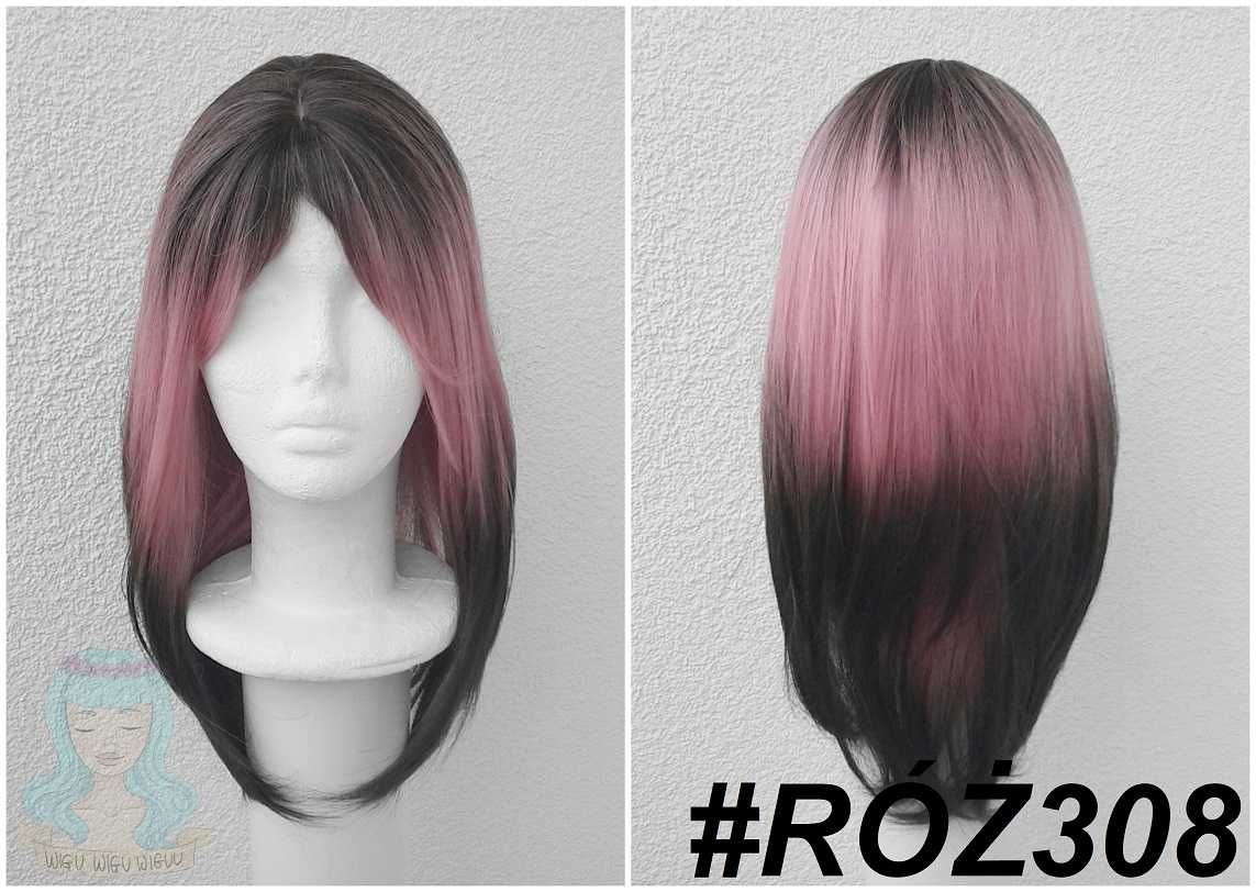 Różowa peruka z odrostem brązowym z prostą grzywką cosplay wig ombre