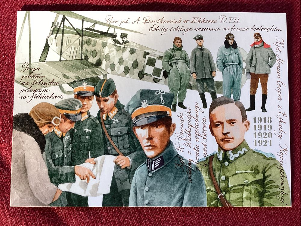Zestaw kart pocztowych z umundurowaniem żołnierzy WP z lat 1918-21.