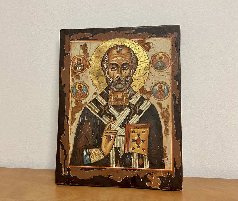 Duża ikona Św. Mikołaj drewno 40x30cm Brzozowski 1978 rękodzieło