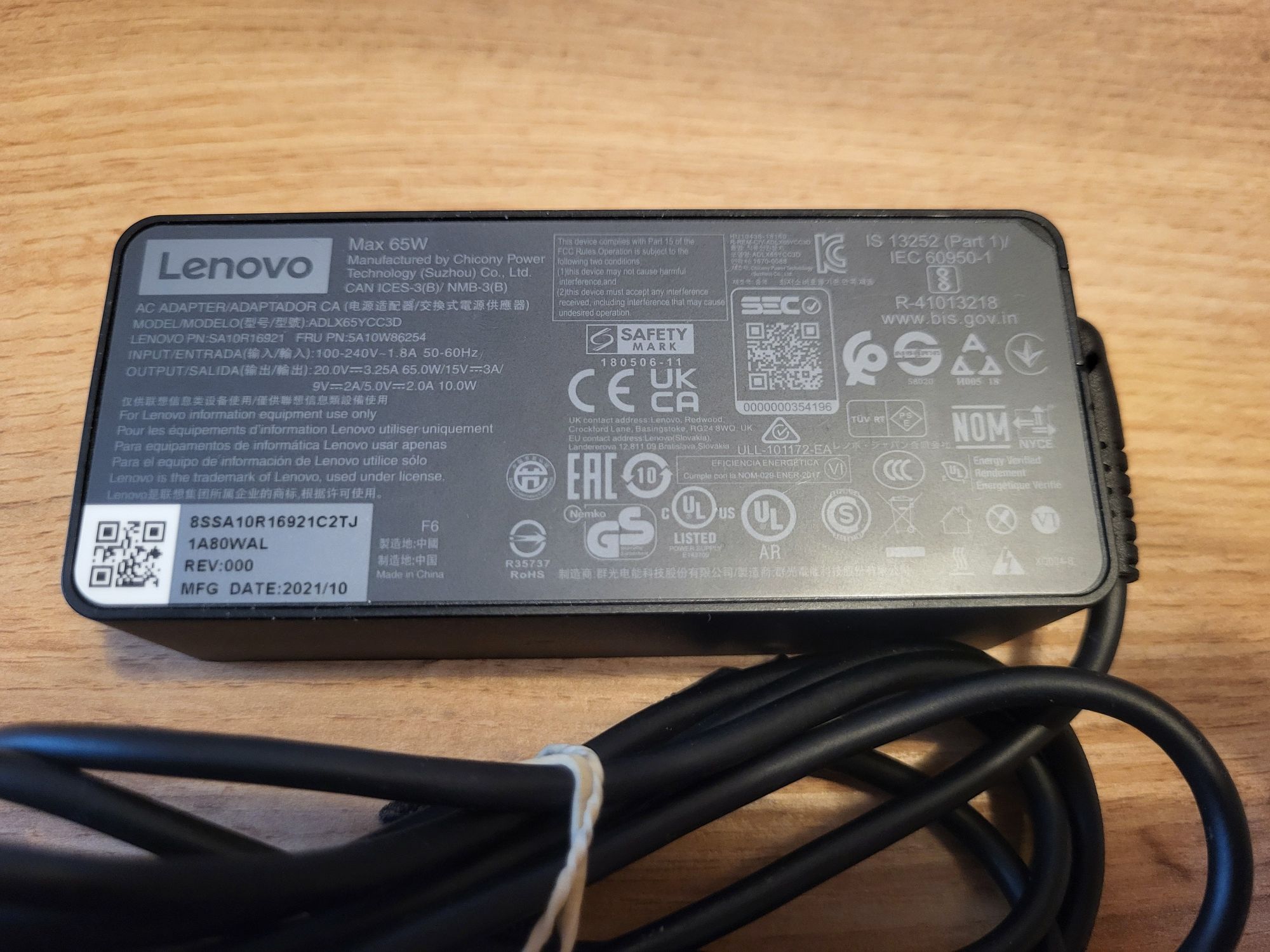 Oryginalny Zasilacz Lenovo 65W wtyk Typ C
