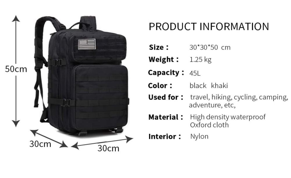 Mochila tática militar, 45 L grande capacidade mochila Crossfit