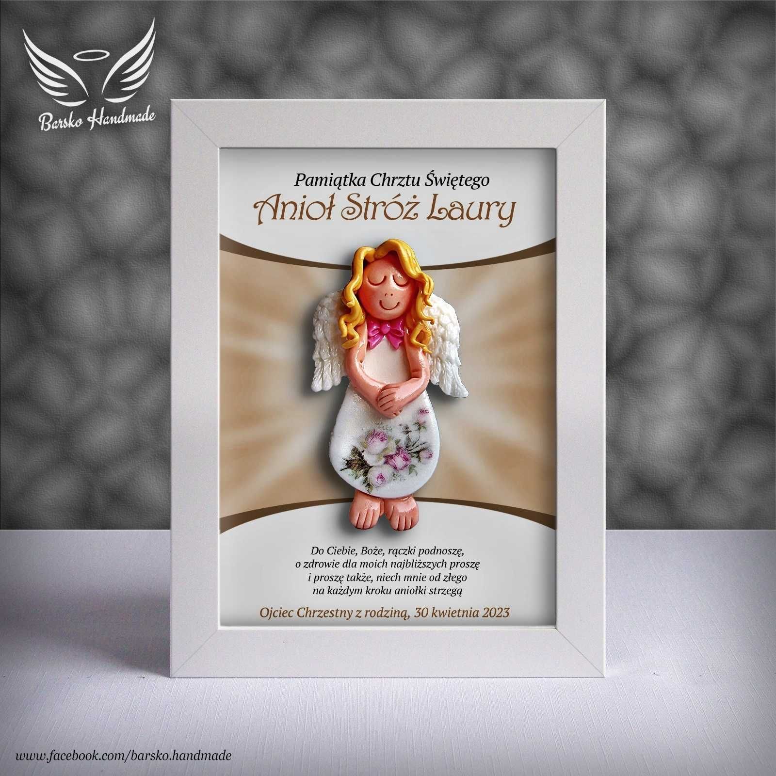 Anioł Stróż z porcelany w ramce 15x21 jako Pamiątka Chrztu Świętego