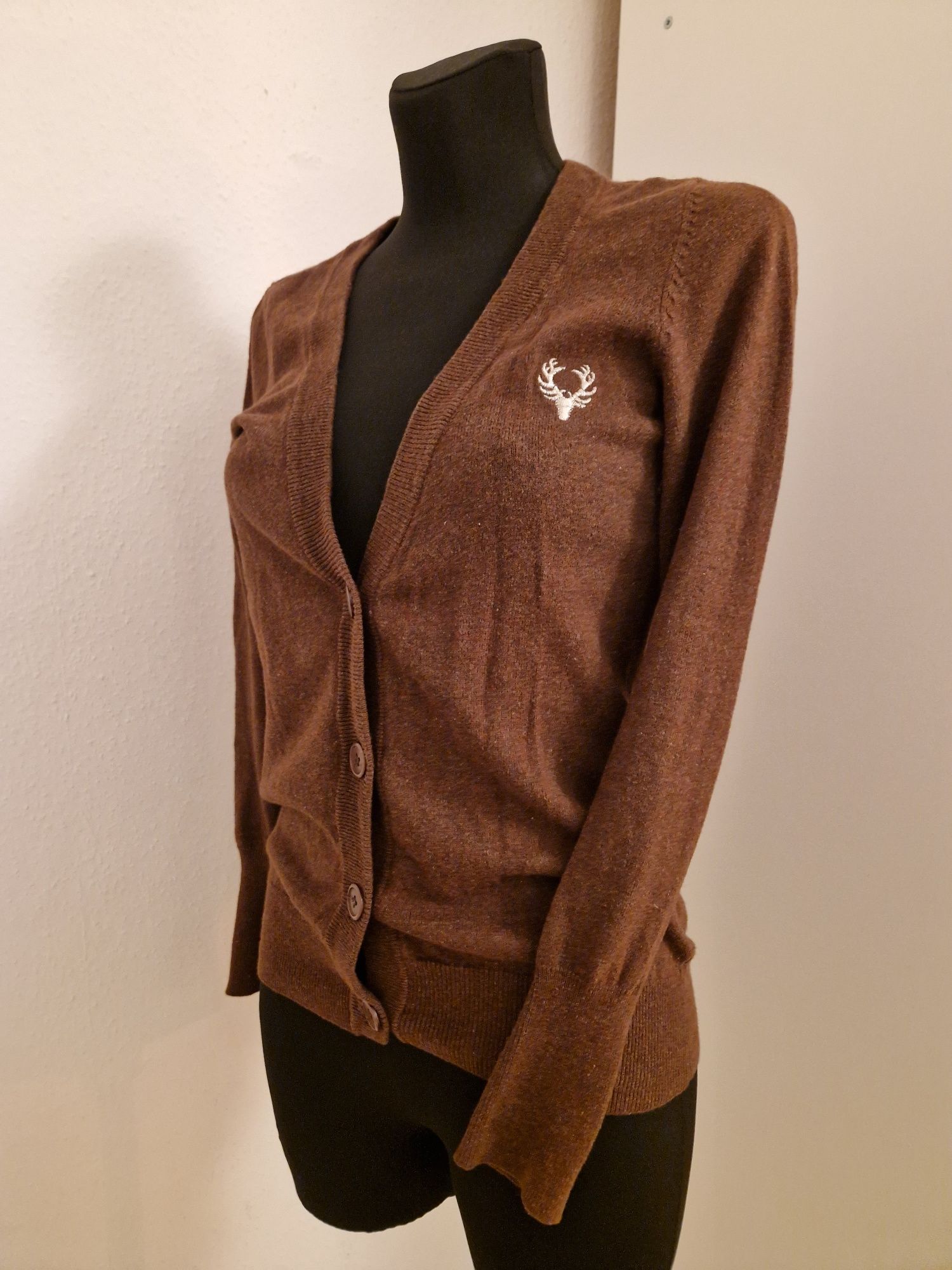 Wełniany sweterek v-neck brązowy rozpinany S 36 wełna